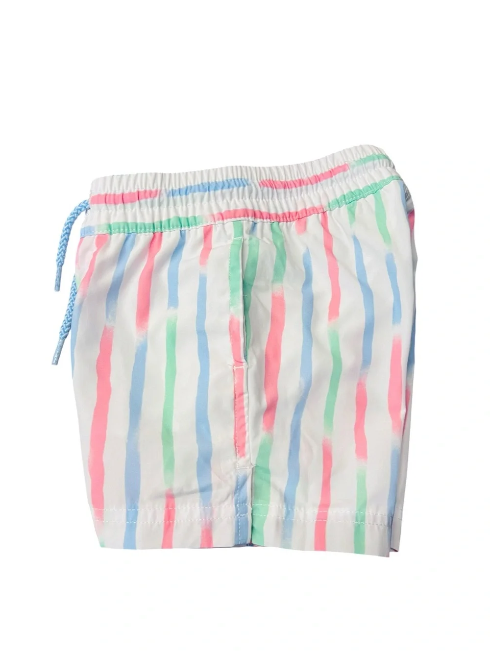 The Beaufort Bonnet Company Boys' White Swim Trunks with Pastel Stripes